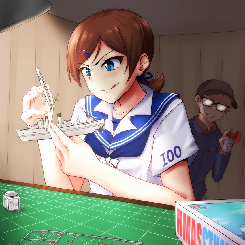 1boy 1girl absurdres airhorn bottle box brown_hair cutting_board desk evil_grin evil_smile glasses grin hair_ornament hair_ribbon hairclip hat highres indoors kantai_collection kuni-kun lamp long_sleeves model_kit model_ship opaque_glasses original ponytail ribbon sailor_collar shaded_face shirt short_sleeves smile sprue stuart_(syd038) sweatdrop tongue tongue_out tweezers wall