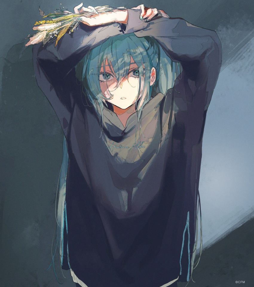 1girl aqua_hair arms_up black_hoodie copyright_name expressionless grey_background hair_between_eyes hassan_(sink916) hatsune_miku highres holding holding_plant hood hoodie long_hair long_sleeves looking_at_viewer parted_lips plant solo twintails upper_body vocaloid