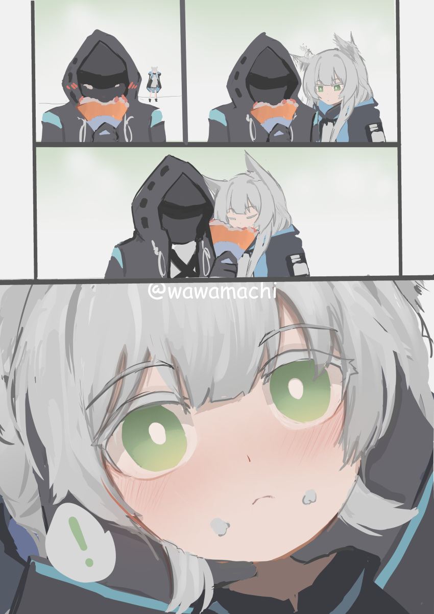! 1girl 1other absurdres animal_ear_fluff animal_ears arknights blush cat_ears closed_eyes closed_mouth crepe eating food food_on_face green_eyes grey_hair highres holding holding_food hood long_hair looking_at_viewer pov rosmontis_(arknights) speech_bubble spoken_exclamation_mark wawamachi_(wawamachis)