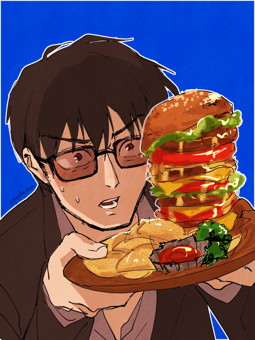 1boy ageage_dama_s artist_name black_hair blue_background bread burger cheese food hair_between_eyes highres holding ketchup looking_at_food nicholas_d._wolfwood open_mouth simple_background solo sunglasses teeth tomato trigun trigun_stampede