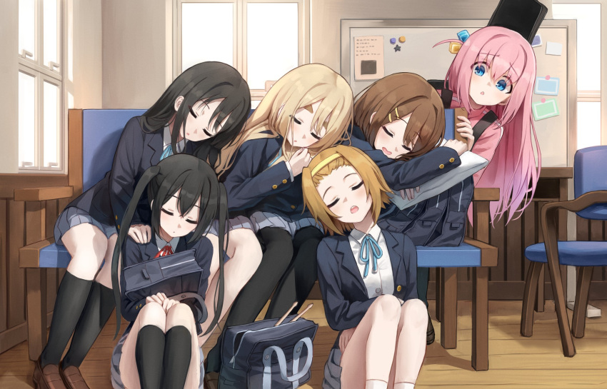 6+girls :o akiyama_mio bag black_hair black_pantyhose black_socks blazer blonde_hair blue_jacket blue_ribbon blush bob_cut bocchi_the_rock! brown_footwear brown_hair chair closed_eyes collared_shirt couch crossover cube_hair_ornament drumsticks forehead gotou_hitori grey_skirt hair_ornament hairband hairclip highres hirasawa_yui indoors instrument_case jacket k-on! kneehighs kotobuki_tsumugi long_sleeves looking_at_another multiple_girls nakano_azusa neck_ribbon object_hug pantyhose pillow pink_hair pink_jacket pink_track_suit red_ribbon ribbon school_bag shirt short_hair skirt sleeping socks superpig tainaka_ritsu thick_eyebrows track_jacket twintails white_shirt white_socks window winter_uniform yellow_hairband