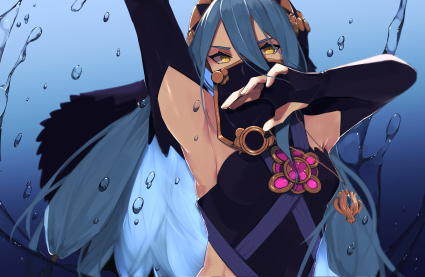 1girl arm_up armpits azura_(fire_emblem) black_bridal_gauntlets blue_hair elbow_gloves fingerless_gloves fire_emblem fire_emblem_fates gloves hair_between_eyes headdress highres jewelry long_hair looking_at_viewer mouth_veil official_alternate_costume pendant seinikuten solo upper_body veil water water_drop yellow_eyes