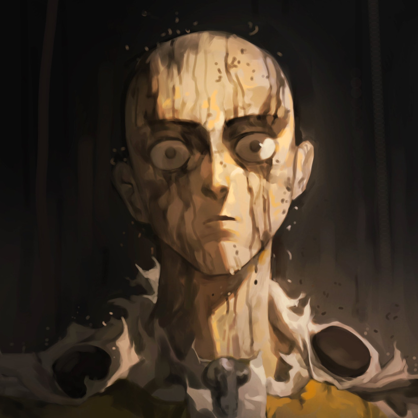 1boy angry bald bodysuit cape dark_background empty_eyes furious hieumay highres jumpsuit looking_at_viewer male_focus one-punch_man photo-referenced rain saitama_(one-punch_man) solo torn_cape torn_clothes upper_body water_drop white_cape yellow_bodysuit yellow_jumpsuit