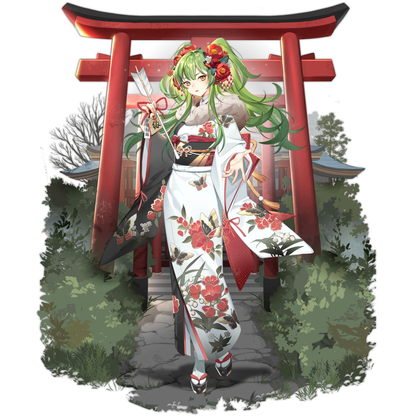1girl animal_print arrow_(projectile) bahao_diqiu bare_tree butterfly_print ema floral_print flower flower_request foliage full_body fur-trimmed_kimono fur_trim girls_frontline green_hair hair_flower hair_ornament hamaya highres holding holding_arrow japanese_clothes kimono light_blush long_hair looking_at_viewer m950a_(girls'_frontline) m950a_(the_elegance_of_tea_is_undefeated_by_the_snow)_(girls'_frontline) multiple_torii new_year obi official_alternate_costume official_art okobo outdoors outstretched_hand parted_lips path sash shrine socks solo stairs standing standing_on_one_leg tabi torii transparent_background tree twintails white_kimono white_socks yellow_eyes