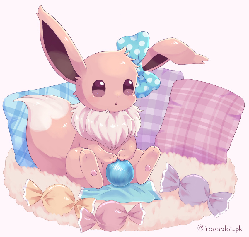 blue_bow bow brown_eyes candy candy_wrapper carpet eevee fluffy food highres holding holding_candy holding_food ibusaki_(ivu) looking_ahead no_humans parted_lips pawpads pillow plaid pokemon polka_dot polka_dot_ribbon ribbon simple_background sitting solo twitter_username