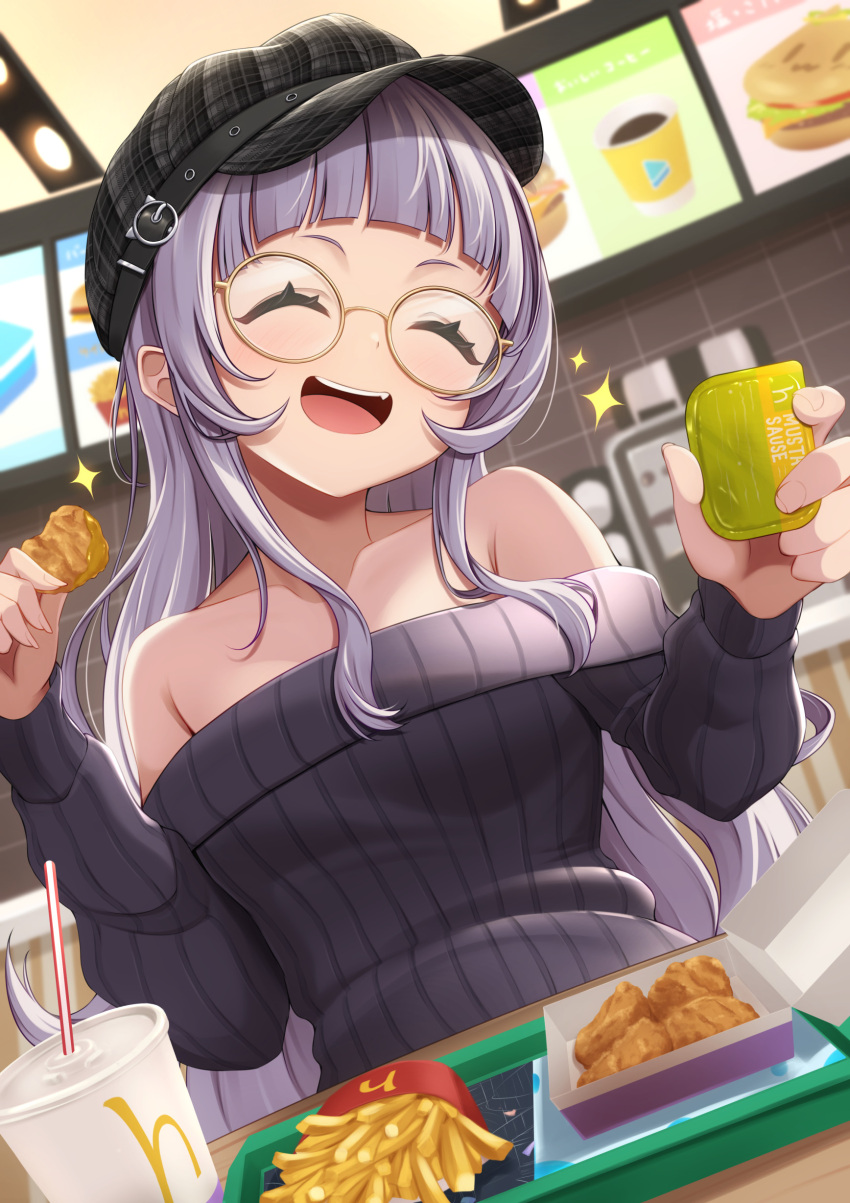 1girl absurdres alternate_costume bare_shoulders bespectacled black_headwear black_sweater blunt_bangs blurry blurry_background blush breasts casual chicken_nuggets closed_eyes collarbone commentary cup drinking_straw dutch_angle facing_viewer fang fast_food food french_fries glasses grey_hair hat highres holding holding_food hololive indoors kaigan long_hair long_sleeves menu murasaki_shion mustard off-shoulder_sweater off_shoulder open_mouth plaid_headwear restaurant ribbed_sweater round_eyewear sauce sidelocks small_breasts smile solo sparkle sweater teeth tile_wall tiles tray upper_body upper_teeth_only virtual_youtuber yellow-framed_eyewear