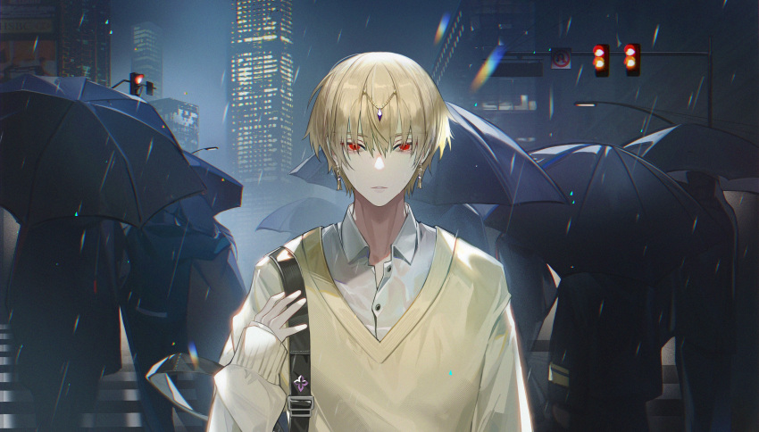 2girls 6+boys bag black_umbrella building closed_mouth collared_shirt earrings fate/grand_order fate_(series) gilgamesh_(caster)_(fate) gilgamesh_(fate) hair_ornament highres holding holding_umbrella jewelry kiki7 long_sleeves looking_at_viewer multiple_boys multiple_girls night night_sky rain red_eyes school_bag shirt short_hair sky sleeves_past_wrists solo_focus traffic_light umbrella white_shirt