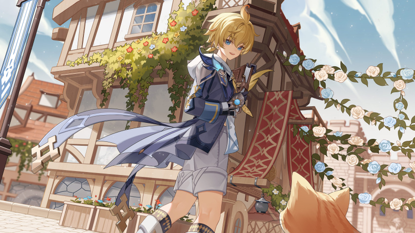 1boy :d absurdres ahoge banner black_gloves blonde_hair blue_cape blue_eyes blue_flower blue_jacket blue_sky blush book cape cat chinese_commentary clouds commentary_request day earrings feet_out_of_frame flower genshin_impact gloves gradient_hair hair_between_eyes half-timbered hand_up highres holding holding_book hood hood_down hoodie house in-universe_location jacket jewelry long_sleeves looking_back low_ponytail male_focus mika_(genshin_impact) multicolored_hair open_clothes open_jacket open_mouth orange_cat orange_hair outdoors plant ponytail short_hair short_ponytail shorts sidelocks sky sleepy1292673668 smile solo standing stone_wall stud_earrings teeth upper_teeth_only vambraces vision_(genshin_impact) wall white_flower white_hoodie white_shorts window