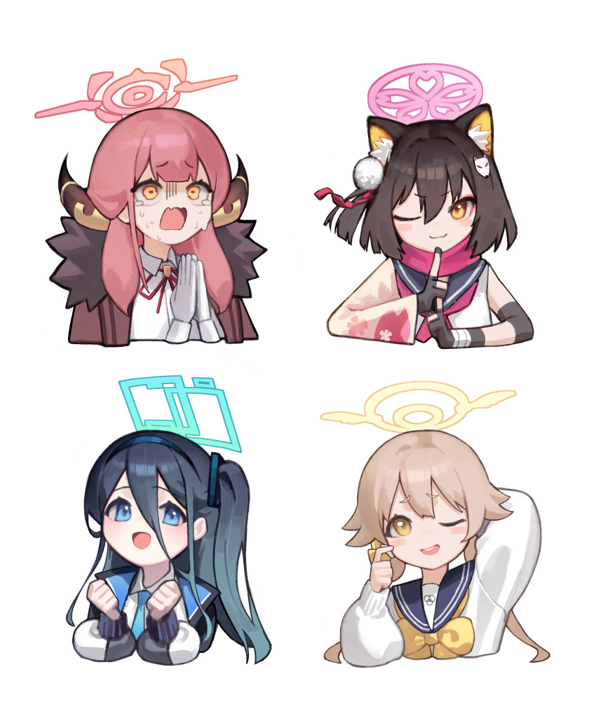 :3 absurdres animal_ears aris_(blue_archive) aru_(blue_archive) black_gloves black_hair blue_archive blue_eyes blue_sailor_collar chibi clenched_hands coat floral_print fox_ears fox_girl fur-trimmed_coat fur_trim gloves hair_between_eyes hair_ornament halo hifumi_(blue_archive) highres horns izuna_(blue_archive) long_hair long_sleeves looking_at_viewer multiple_girls neckerchief one_eye_closed one_side_up open_mouth orange_eyes own_hands_together partially_fingerless_gloves pink_hair pink_scrunchie pom_pom_(clothes) pom_pom_hair_ornament red_coat sailor_collar scarf school_uniform scrunchie serafuku shirt simple_background sweat twintails white_background white_gloves white_shirt yoon_cook