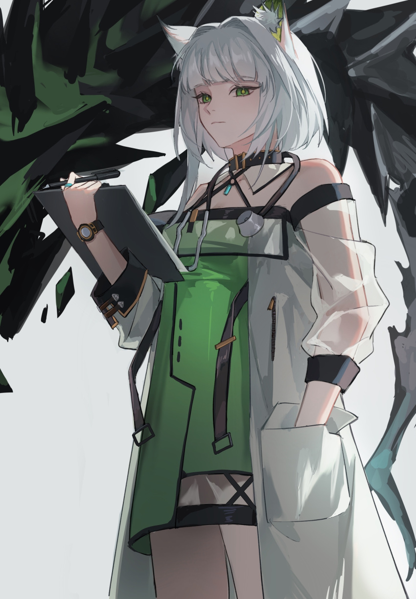 1girl absurdres animal_ear_fluff animal_ears arknights bright_pupils cat_ears chinese_commentary clipboard closed_mouth coat collar commentary_request cowboy_shot dress expressionless green_dress green_eyes hand_in_pocket highres holding holding_clipboard holding_pen jewelry kal'tsit_(arknights) long_sleeves looking_at_viewer medium_hair mon3tr_(arknights) off-shoulder_dress off_shoulder open_clothes open_coat pen ring simple_background solo stethoscope watch watch weimeizi white_background white_coat white_collar white_hair white_pupils