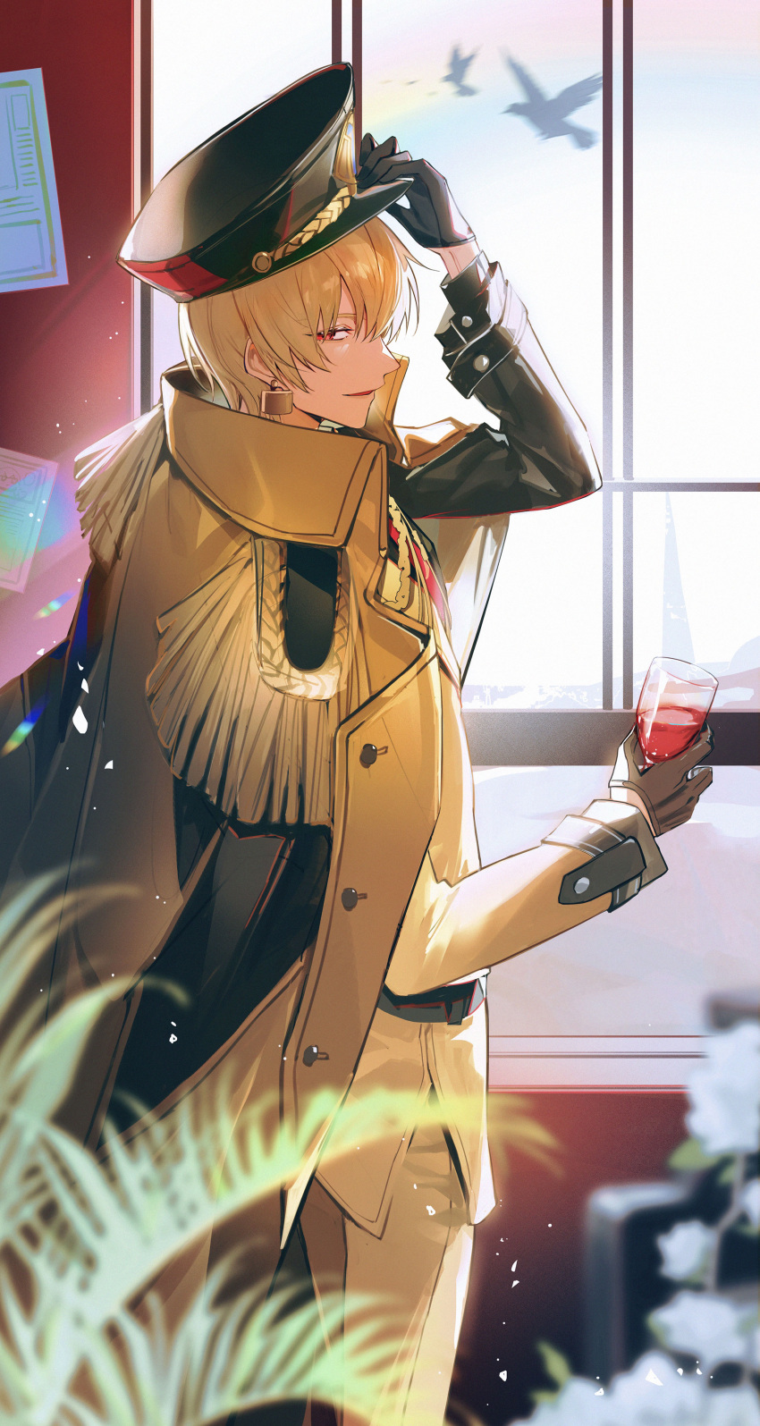 1boy absurdres adjusting_clothes adjusting_headwear black_gloves blonde_hair blurry coat coat_on_shoulders cup depth_of_field drinking_glass earrings epaulettes fate/grand_order fate_(series) from_side gilgamesh_(fate) gloves hat highres holding holding_cup jewelry kiki7 open_mouth red_eyes red_wine short_hair smile uniform wine_glass