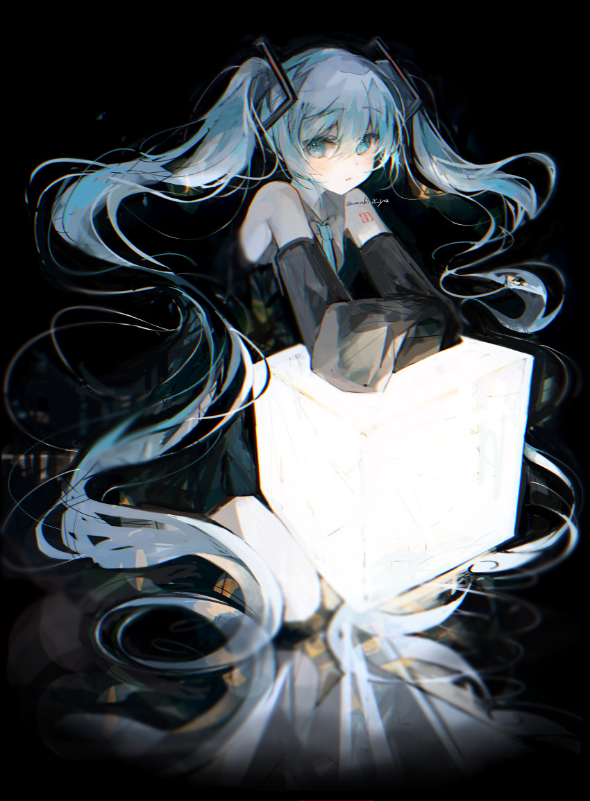 1girl absurdres aqua_eyes aqua_hair black_background black_skirt black_sleeves blue_necktie collared_shirt commentary cube detached_sleeves glowing grey_shirt hatsune_miku highres irodori_warabi long_hair looking_at_viewer miku_day necktie shirt skirt sleeveless sleeveless_shirt sleeves_past_fingers sleeves_past_wrists solo twintails vocaloid