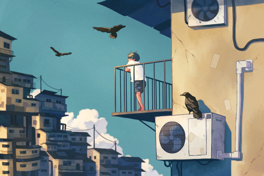 1boy air_conditioner balcony bird blue_shorts blue_sky cable clouds commentary_request crow day flying highres industrial_pipe original outdoors power_lines railing scenery shirt short_hair short_sleeves shorts sky solo taizo4282 utility_pole white_shirt wide_shot