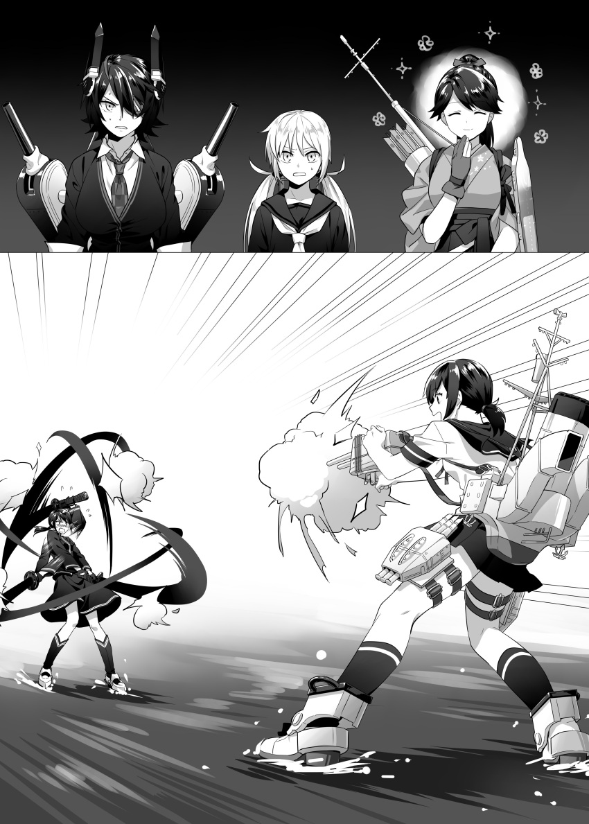 5girls absurdres afterimage breasts cardigan closed_eyes commentary_request eyepatch female_admiral_(kancolle) firing flight_deck fubuki_(kancolle) gloves greyscale hakama highres holding holding_sword holding_weapon houshou_(kancolle) japanese_clothes kana_haruki kantai_collection katana large_breasts low_twintails machinery medium_breasts medium_skirt miniskirt monochrome multiple_girls nakama_saori partially_fingerless_gloves ponytail satsuki_(kancolle) school_uniform serafuku short_hair skirt speed_lines sweatdrop sword tenryuu_(kancolle) thigh_strap turret twintails weapon