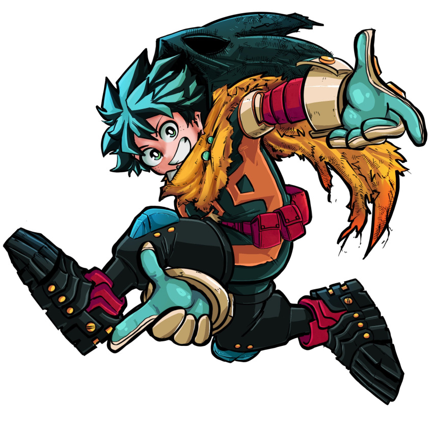 1boy aqua_hair belt belt_pouch black_outline blue_eyes blue_hair bodysuit boku_no_hero_academia bright_pupils cape commentary curly_hair dirty dirty_clothes english_commentary finger_gun freckles full_body gloves gradient_eyes gradient_hair green_bodysuit green_eyes green_gloves green_hair green_mask grey_gloves grin hair_between_eyes head_tilt highres knee_up leaning_forward leg_up looking_at_viewer looking_to_the_side male_focus midair midoriya_izuku multicolored_eyes multicolored_hair official_alternate_costume orange_bodysuit outline outstretched_arms pac-man_eyes parody pouch red_belt short_hair simple_background smile solo sonchapo sonic_(series) sonic_adventure spoilers torn_cape torn_clothes turning_head two-tone_bodysuit utility_belt white_background white_pupils yellow_cape