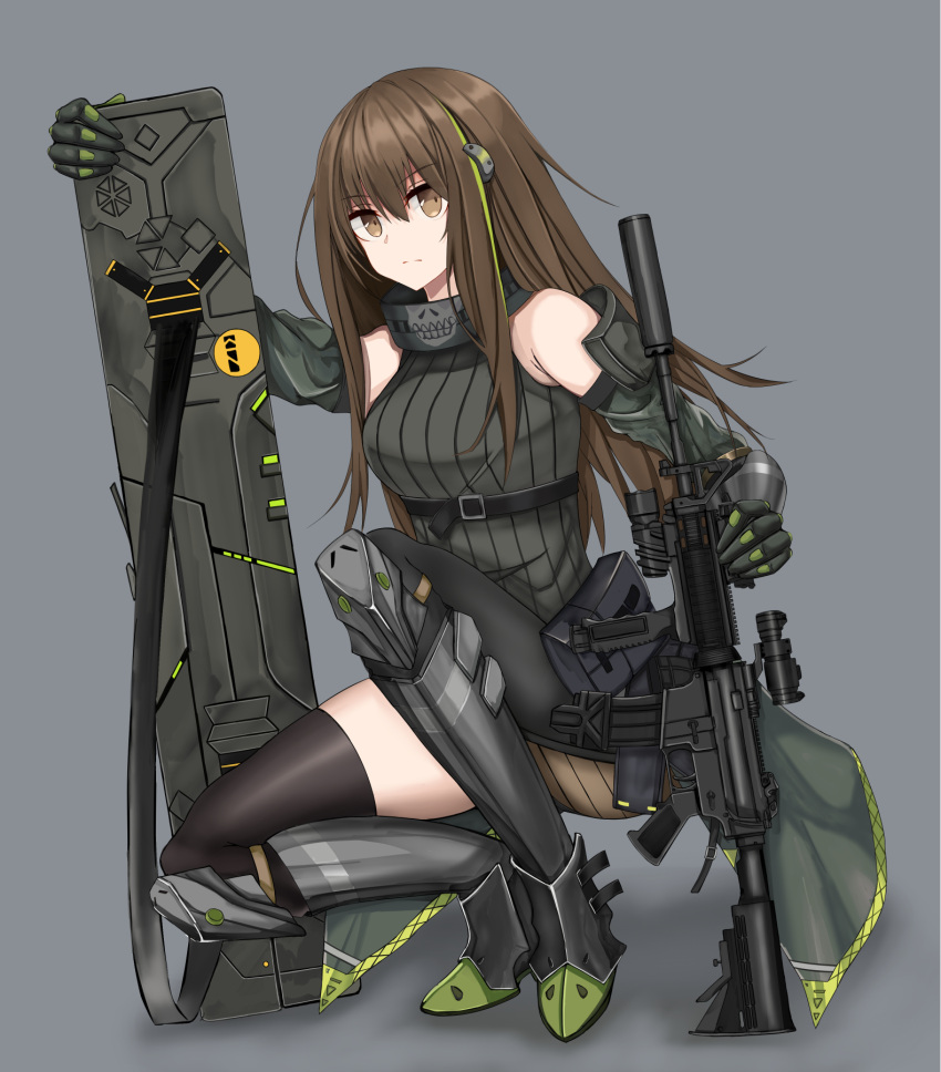armored_boots armored_gloves assault_rifle boots brown_eyes brown_hair detached_sleeves girls_frontline green_leotard gun highres holding holding_gun holding_weapon leotard m4_carbine m4a1_(girls'_frontline) non-web_source rifle weapon