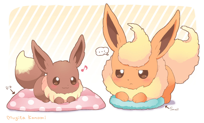 ... :&lt; :3 artist_name brown_eyes diagonal_stripes eevee flareon frown full_body mugita_konomi musical_note pillow pokemon pokemon_(creature) polka_dot sitting size_difference smile striped thought_bubble