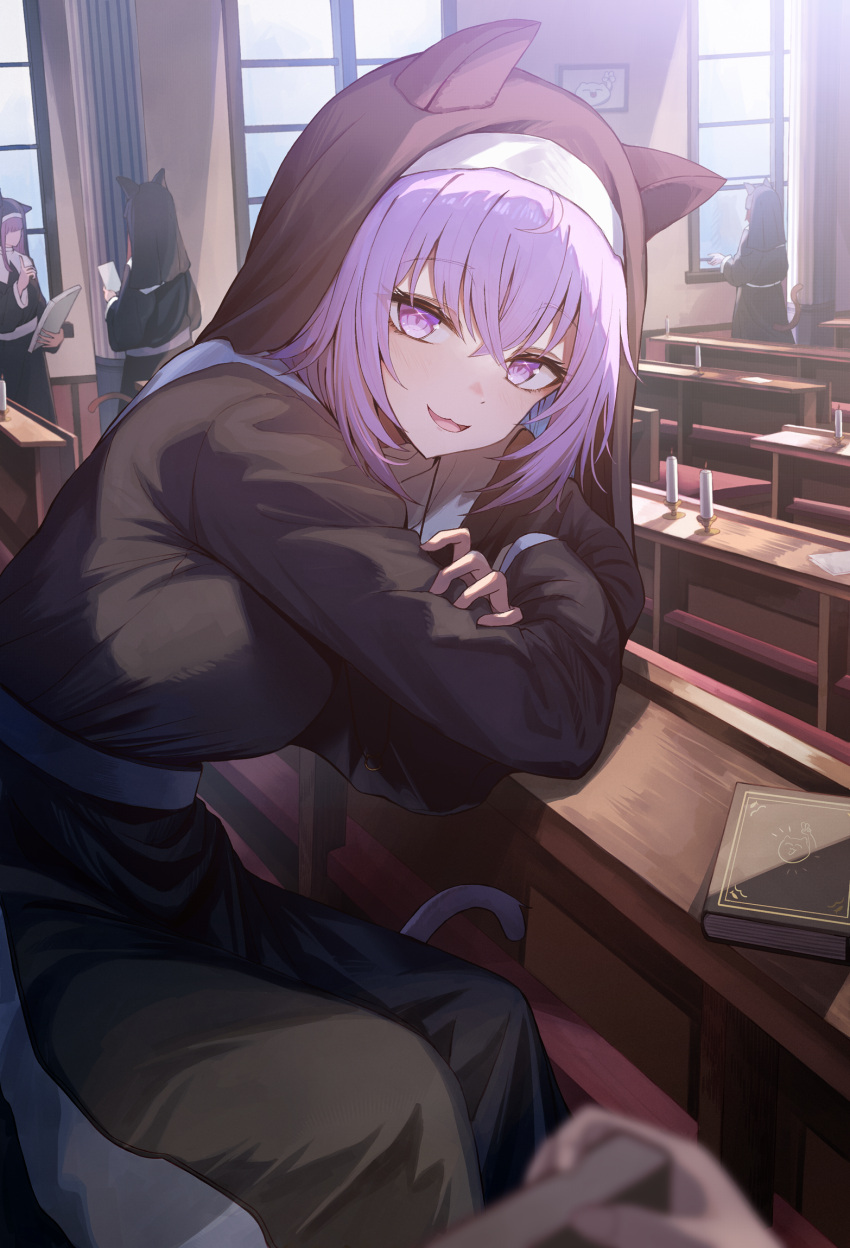 3girls animal_ears book candle cat_ears cat_girl cat_tail chair church highres holding holding_book hololive looking_at_viewer miyabino_(miyabi1616) multiple_girls nekomata_okayu nun purple_hair short_hair sitting smile solo_focus table tail violet_eyes virtual_youtuber