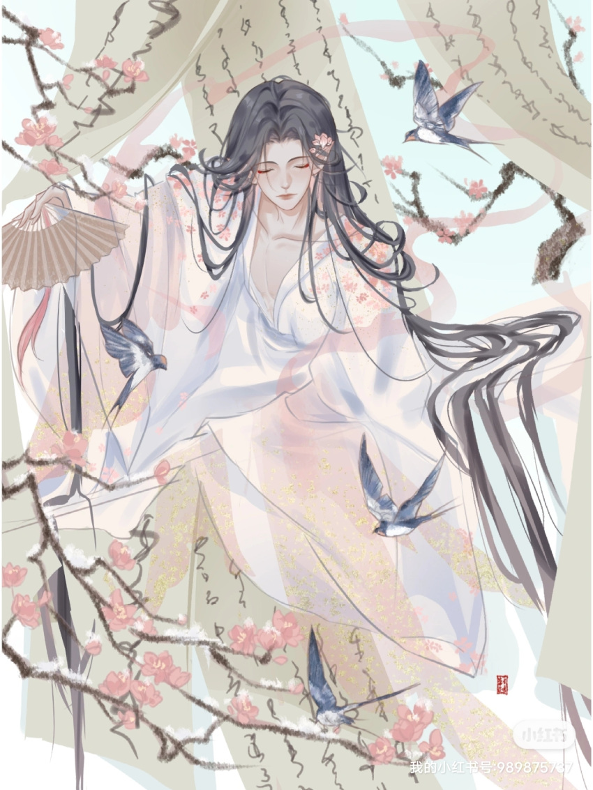 1boy bird bishounen chinese_clothes closed_eyes closed_mouth flower hand_fan hanfu highres holding holding_fan long_hair long_sleeves original parted_bangs shasihuolongguo solo wide_sleeves
