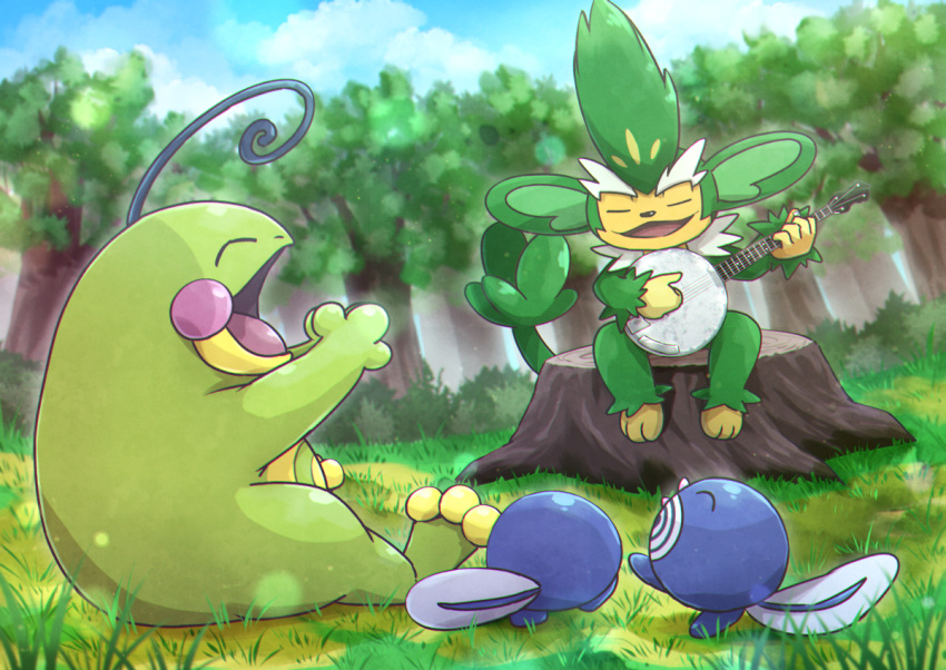banjo blue_sky clapping closed_eyes clouds holding holding_instrument instrument kotobukkii_(yt_lvlv) music on_grass open_mouth outdoors playing_instrument pokemon pokemon_(creature) politoed poliwag simisage sitting sitting_on_tree_stump sky smile tree tree_stump