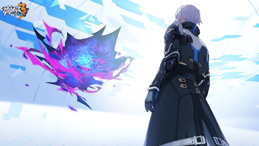 1boy black_gloves black_sleeves gloves highres honkai_(series) honkai_impact_3rd jacket kevin_kaslana logo long_jacket long_sleeves looking_at_object male_focus official_art official_wallpaper short_hair solo standing upper_body white_background white_hair