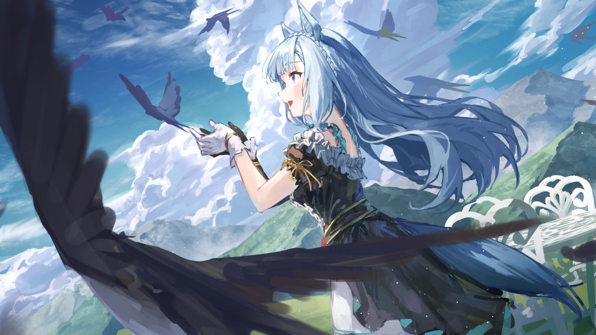 1girl absurdres animal_ears asymmetrical_gloves bird black_dress black_gloves blue_hair blue_sky braid chair clouds commentary_request crown_braid dress elbow_gloves feet_out_of_frame frills from_side gloves hands_up highres horse_ears horse_girl horse_tail light_blue_hair long_hair mejiro_ardan_(umamusume) mismatched_gloves mountain open_mouth outdoors short_sleeves single_elbow_glove single_glove sky solo table tail umamusume very_long_hair violet_eyes white_gloves yu_hydra