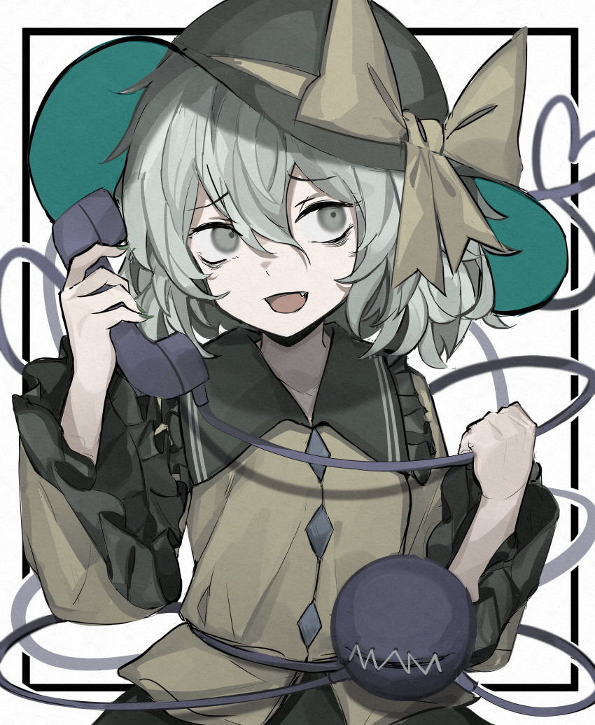 1girl absurdres black_headwear blouse bow buttons corded_phone cowboy_shot diamond_button eyeball fang frilled_shirt_collar frilled_sleeves frills furrowed_brow green_eyes green_skirt hat hat_bow hat_ribbon heart heart_of_string highres hisha_(kan_moko) holding holding_phone komeiji_koishi light_green_hair long_sleeves medium_hair open_mouth phone ribbon shirt simple_background skirt smile solo third_eye touhou wavy_hair white_background wide_sleeves yellow_bow yellow_ribbon yellow_shirt