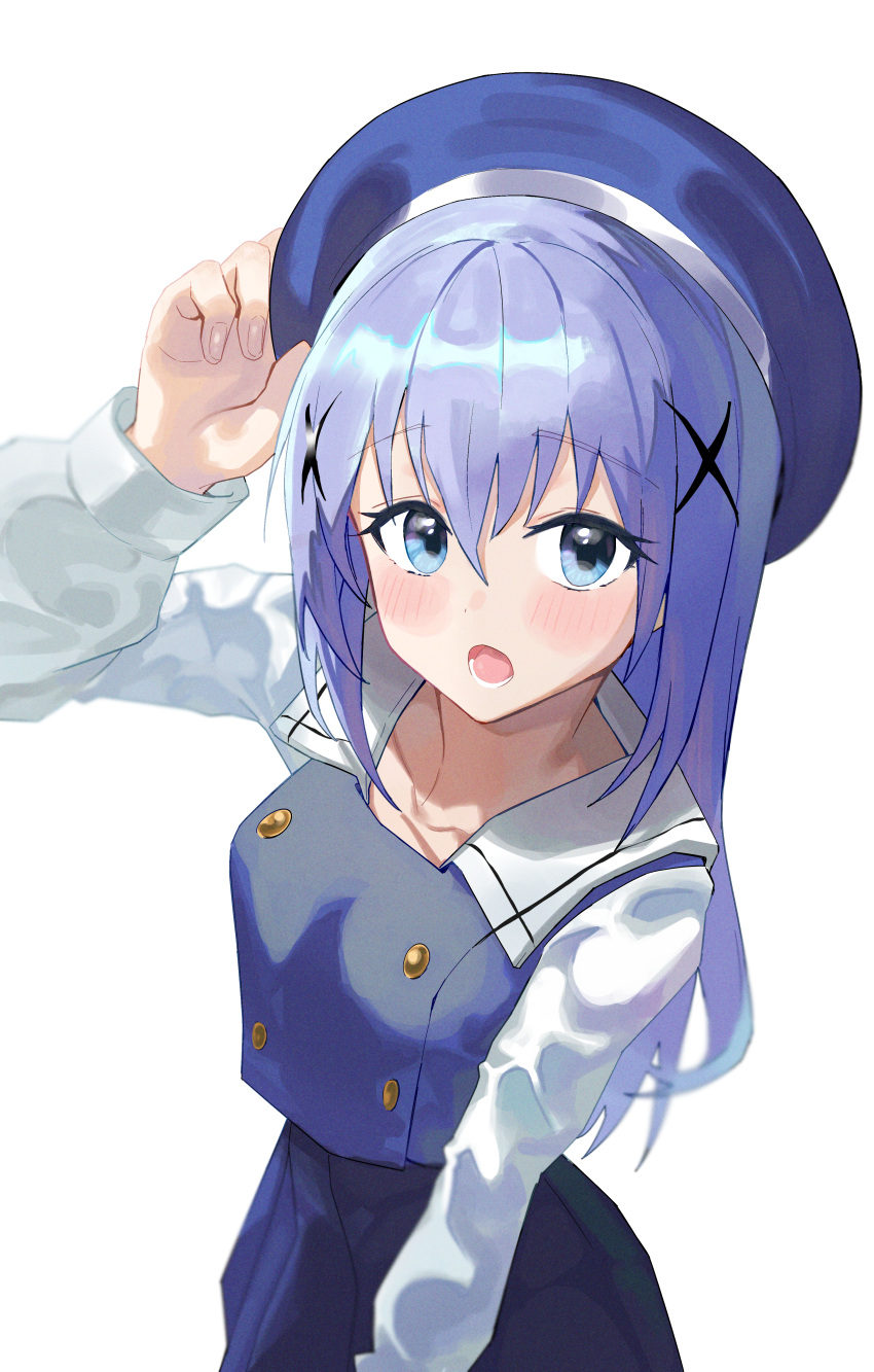 1girl :o absurdres beret blue_eyes blue_hair blue_headwear blue_skirt blue_vest blush breasts commentary cowboy_shot dinsoreprong64 gochuumon_wa_usagi_desu_ka? hair_between_eyes hair_ornament hand_up hat highres kafuu_chino long_hair long_sleeves looking_at_viewer lower_teeth_only open_mouth school_uniform shirt sidelocks simple_background skirt small_breasts solo standing teeth upturned_eyes vest white_background white_shirt x_hair_ornament