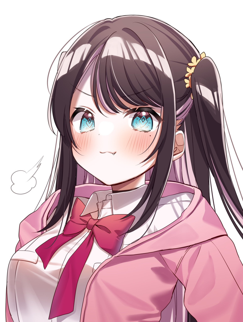 1girl :3 black_hair blue_eyes blush breasts cardigan collared_shirt colored_inner_hair doyagao fang hair_ornament hair_scrunchie highres kaga_nazuna long_hair looking_at_viewer medium_breasts mole mole_under_eye multicolored_hair neck_ribbon one_side_up pink_cardigan pink_hair pome_charo red_ribbon ribbon scrunchie shirt sidelocks simple_background smug solo two-tone_hair upper_body vspo! white_background white_shirt yellow_scrunchie