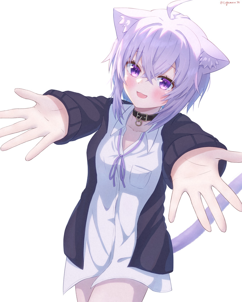 1girl :3 :d absurdres ahoge animal_ear_fluff animal_ears backlighting black_choker black_sweater blush cardigan cat_ears cat_girl cat_tail choker collared_shirt commentary cowboy_shot crossed_bangs hair_between_eyes highres hololive incoming_hug light_purple_hair looking_at_viewer nekomata_okayu open_cardigan open_clothes open_mouth outstretched_arms purple_fur purple_ribbon ribbon shirt sidelocks sleeves_past_wrists slit_pupils smile solo spiky_hair standing sweater tail togemaru34 violet_eyes virtual_youtuber white_shirt