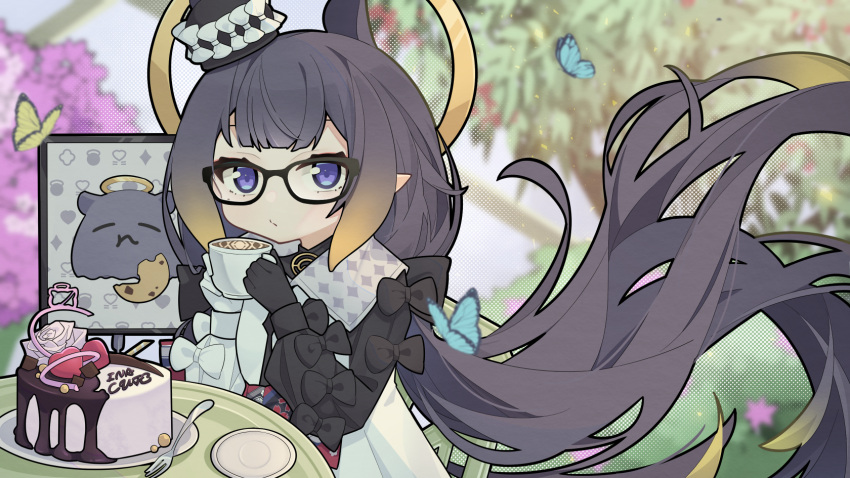 1girl ao-chan_(ninomae_ina'nis) asymmetrical_gloves asymmetrical_sleeves black-framed_eyewear black_gloves blurry blurry_background bug butterfly cake coffee_cup cp2980606 cup disposable_cup food fork glasses gloves halo highres hololive hololive_english long_hair long_sleeves looking_at_viewer mismatched_gloves mismatched_sleeves ninomae_ina'nis official_alternate_costume plate pointy_ears purple_hair takodachi_(ninomae_ina'nis) tentacle_hair tree violet_eyes virtual_youtuber white_gloves