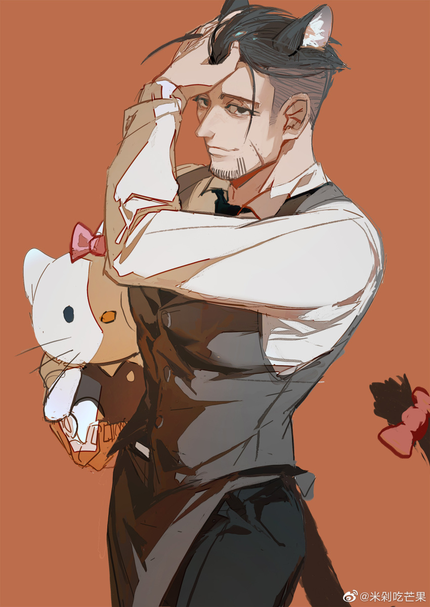 1boy animal_ears black_eyes black_hair bow cat_boy cat_ears cat_tail character_doll facial_hair feet_out_of_frame goatee hair_slicked_back hair_strand hands_in_hair hello_kitty hello_kitty_(character) highres kemonomimi_mode long_sleeves looking_at_viewer midomido ogata_hyakunosuke pectorals scar scar_on_cheek scar_on_face short_hair smile solo stubble stuffed_toy tail tail_bow tail_ornament undercut waiter