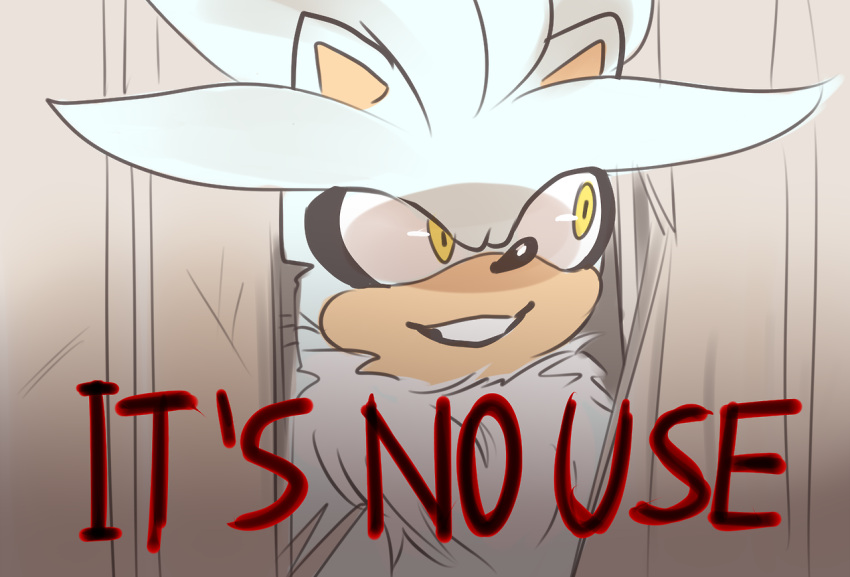 1boy animal_ears animal_nose body_fur crazy english_commentary english_text furry furry_male hedgehog hedgehog_ears here's_johnny!_(meme) indoors itaslow looking_to_the_side male_focus meme parody silver_the_hedgehog smile solo sonic_(series) standing teeth the_shining wall white_fur yellow_eyes