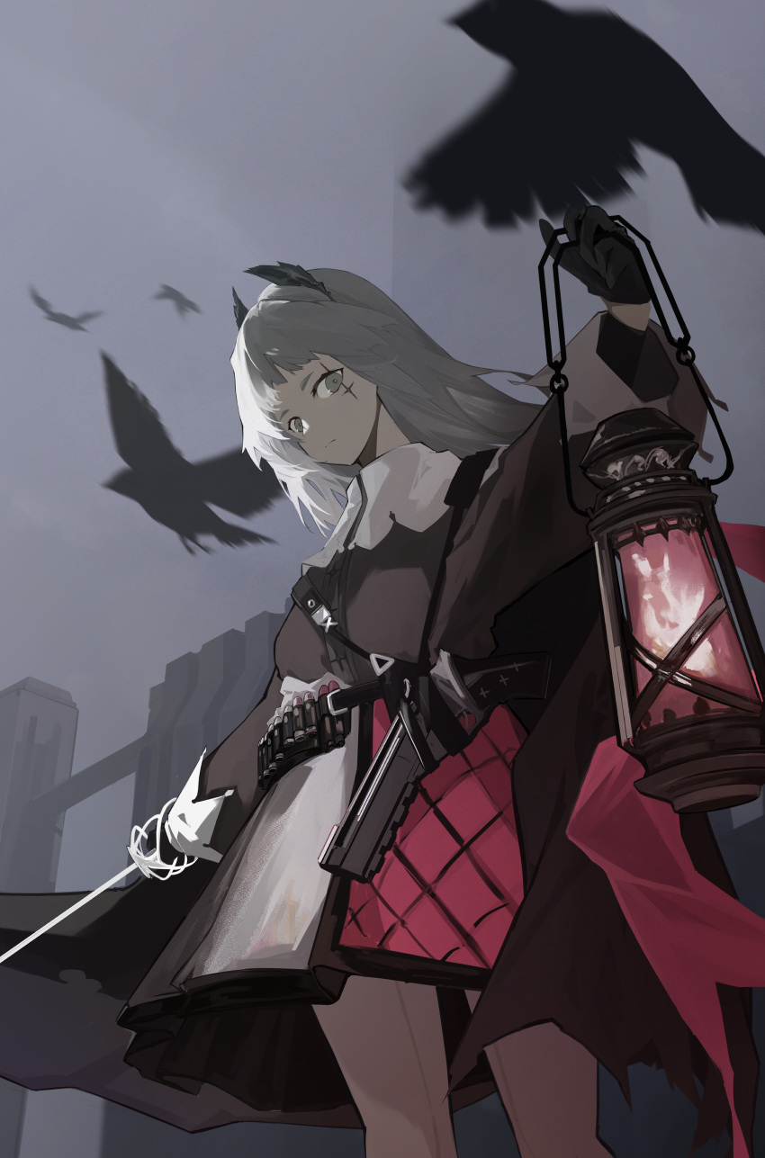 1girl absurdres animal arisiar arknights bird black_gloves black_jacket capelet closed_mouth commentary_request feet_out_of_frame gloves grey_eyes grey_hair highres holding holding_lantern holding_sword holding_weapon irene_(arknights) jacket lantern long_hair long_sleeves looking_at_viewer outdoors overcast pantyhose pleated_skirt puffy_long_sleeves puffy_sleeves skirt solo standing sword weapon white_capelet white_pantyhose white_skirt