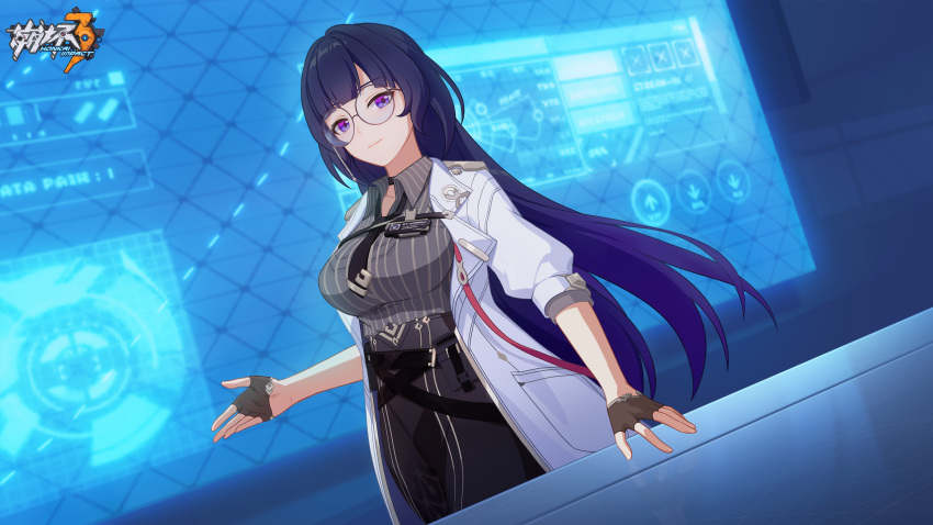 1girl belt breasts choker closed_mouth fingerless_gloves glasses gloves highres honkai_(series) honkai_impact_3rd labcoat large_breasts logo long_hair looking_at_viewer mei_(honkai_impact) official_art official_wallpaper open_hand round_eyewear smile solo standing upper_body