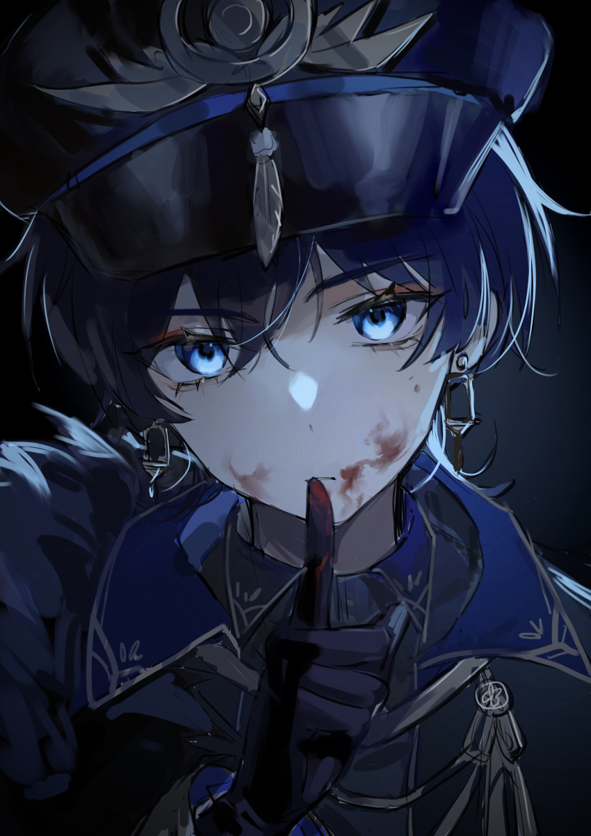 1boy absurdres alternate_costume black_gloves blood blood_on_face blue_eyes earrings fur-trimmed_jacket fur_trim genshin_impact gloves hat highres index_finger_raised jacket jewelry linxiaoxuan84355 looking_at_viewer male_focus military military_uniform purple_hair scaramouche_(genshin_impact) short_hair solo uniform upper_body