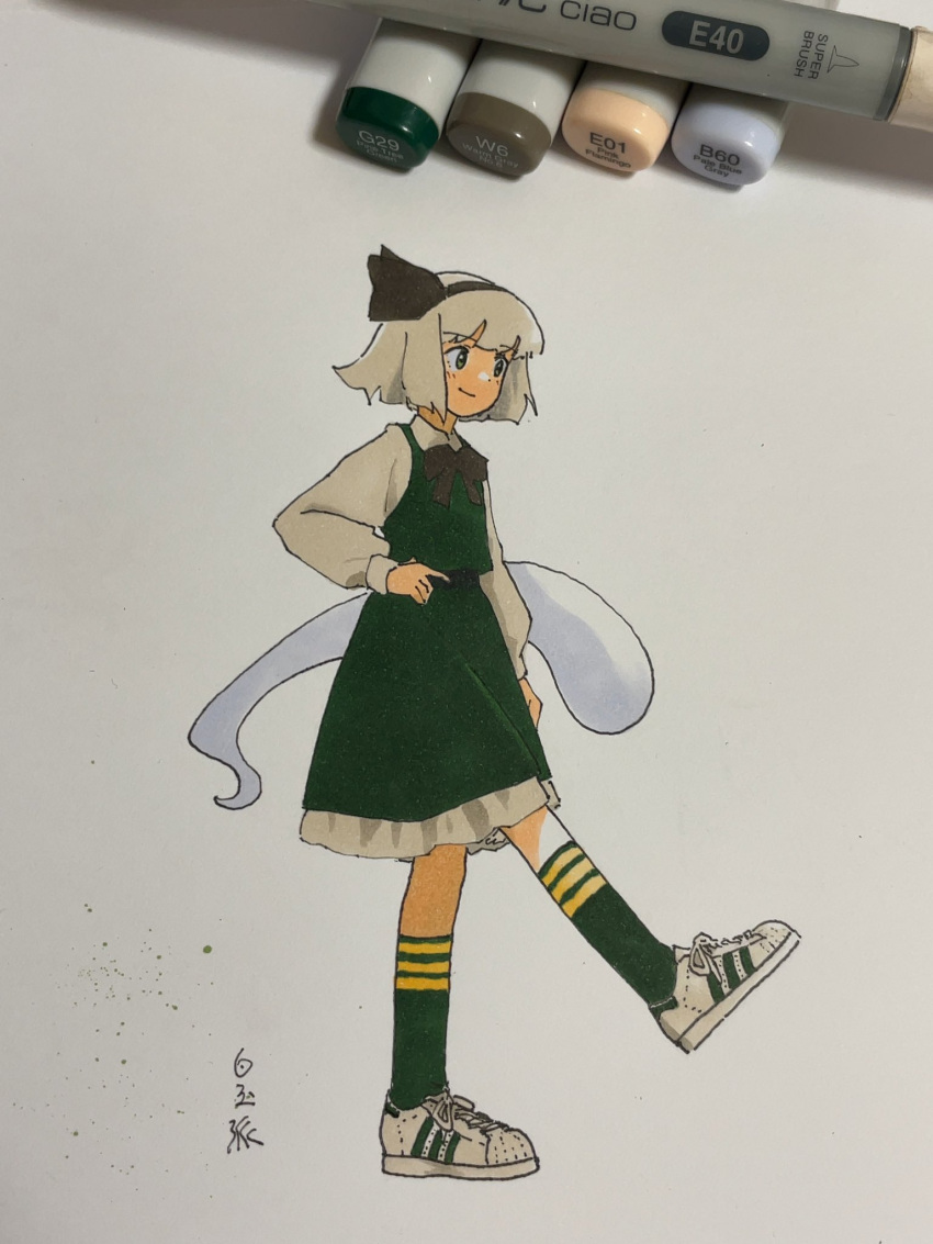 1girl alternate_footwear black_hairband black_ribbon closed_mouth commentary_request frilled_skirt frills full_body green_eyes green_skirt green_socks green_vest grey_hair hair_ribbon hairband hand_on_hip highres kneehighs konpaku_youmu long_sleeves marker marker_(medium) photo_(medium) ribbon shiratama_(hockey) shirt short_hair skirt smile socks solo standing standing_on_one_leg touhou traditional_media vest white_footwear white_shirt