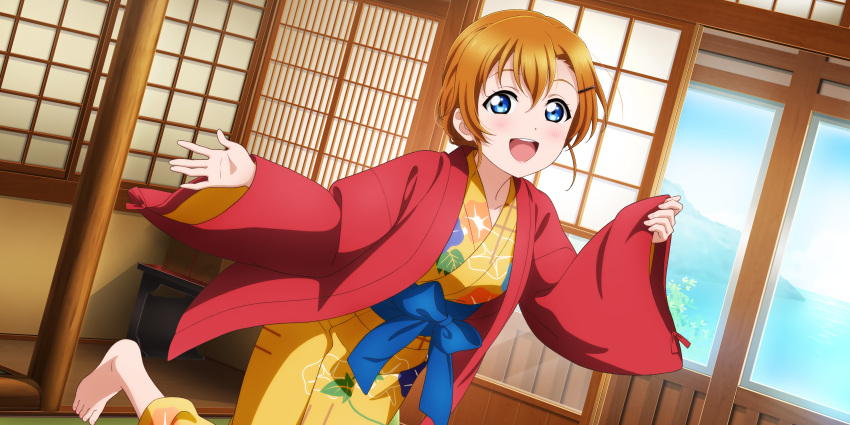 blue_eyes blush kimono kousaka_honoka love_live!_school_idol_festival_all_stars orange_hair short_hair smile