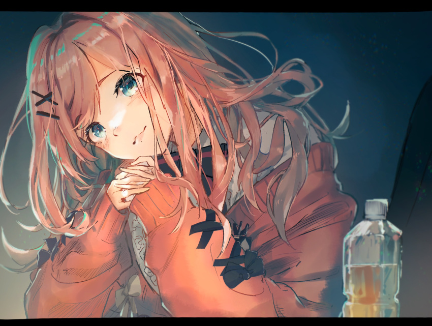 1girl :3 asymmetrical_bangs black_border black_bow blue_background blurry blush border bottle bow brown_hair cardigan depth_of_field dress_shirt eichi_hokkaido frilled_shirt frills hair_ornament head_rest head_tilt highres interlocked_fingers letterboxed light_particles light_smile lips liquid long_sleeves looking_at_viewer medium_hair messy_hair nijisanji outside_border own_hands_clasped own_hands_together parted_bangs pink_cardigan puffy_sleeves shirt smile suzuhara_lulu two-tone_bow upper_body white_shirt x_hair_ornament