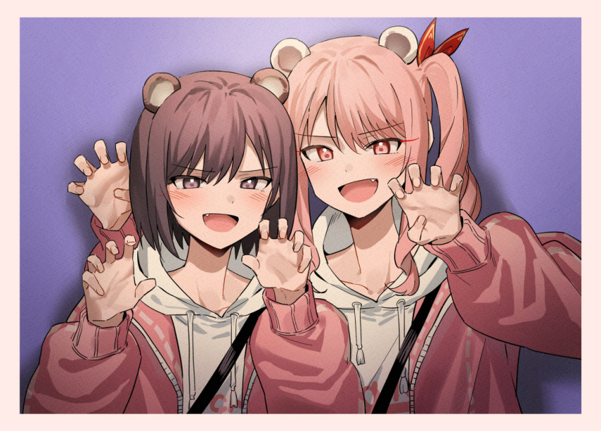 1girl 1other :d akiyama_mizuki androgynous animal_ears bear_ears blush border bow brown_eyes brown_hair claw_pose clothes_writing commentary_request drawstring fang friends hair_bow hair_over_shoulder hood hood_down hoodie jacket korean_commentary light_blue_background long_hair long_sleeves looking_at_viewer namgic open_clothes open_jacket open_mouth pink_eyes pink_hair pink_jacket project_sekai red_bow shinonome_ena short_hair shoulder_strap side_ponytail sidelocks smile unzipped upper_body white_border white_hoodie zipper