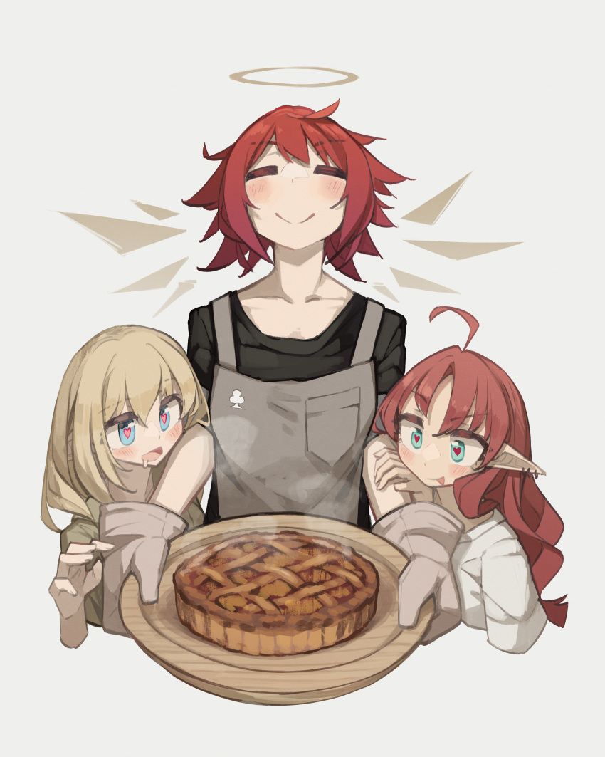 3girls :p =_= absurdres alternate_costume apple_pie apron arknights black_shirt blonde_hair blue_eyes blush brown_hoodie brown_wings closed_eyes closed_mouth club_(shape) commentary cropped_torso detached_wings drooling durin_(arknights) ear_piercing english_commentary exusiai_(arknights) grey_apron grey_background hair_between_eyes halo heart heart-shaped_pupils highres hood hood_down hoodie multiple_girls myrtle_(arknights) oven_mitts piercing pointy_ears redhead saliva shirt short_sleeves simple_background symbol-shaped_pupils togekk0 tongue tongue_out upper_body white_shirt wings