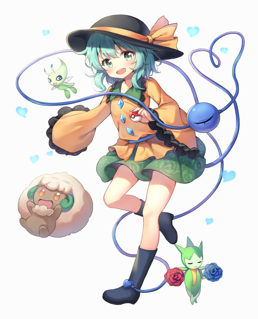 1girl black_footwear black_headwear celebi commentary floral_print full_body green_eyes green_hair green_skirt hanen_(borry) hat hat_ribbon heart heart_of_string highres holding holding_poke_ball komeiji_koishi long_sleeves looking_at_viewer medium_hair open_mouth poke_ball pokemon pokemon_(creature) ribbon rose_print roselia_(pokemon) shirt simple_background skirt symbol-only_commentary teeth third_eye touhou upper_teeth_only whimsicott white_background yellow_ribbon yellow_shirt