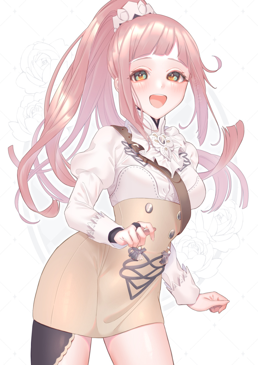 1girl absurdres ascot blush breasts buttons commentary_request felicia_(fire_emblem) fire_emblem fire_emblem:_three_houses fire_emblem_fates garreg_mach_monastery_uniform green_eyes high-waist_skirt highres juliet_sleeves kita_282 long_hair long_sleeves looking_at_viewer medium_breasts open_mouth pink_hair ponytail puffy_sleeves shirt sidelocks skirt smile solo straight_hair uniform white_ascot white_background white_shirt