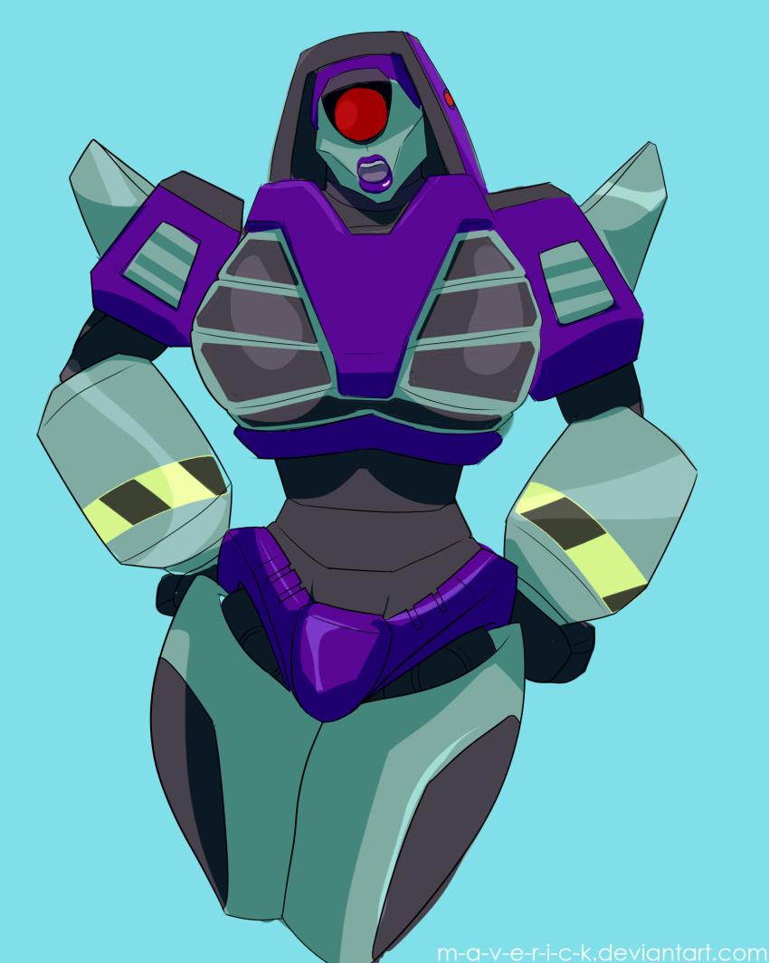 1girl alien blue_background breasts clobber_(transformers) cyclops hands_on_hips highres humanoid_robot large_breasts looking_at_viewer m-a-v-e-r-i-c-k one-eyed panties purple_lips purple_panties robot simple_background solo thick_thighs thighs transformers underwear