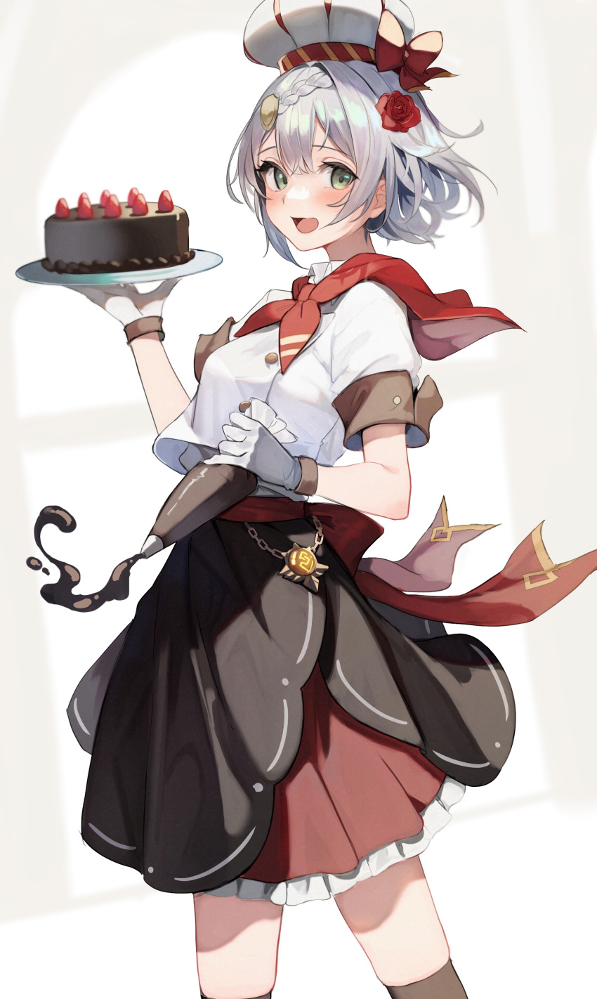 1girl absurdres bow cake cowboy_shot flower food genshin_impact gloves green_eyes grey_hair hair_flower hair_ornament hat hat_bow highres holding holding_plate icing looking_at_viewer lumo_1121 noelle_(genshin_impact) open_mouth pastry_bag plate red_bow rose shirt short_hair skirt solo white_gloves white_shirt