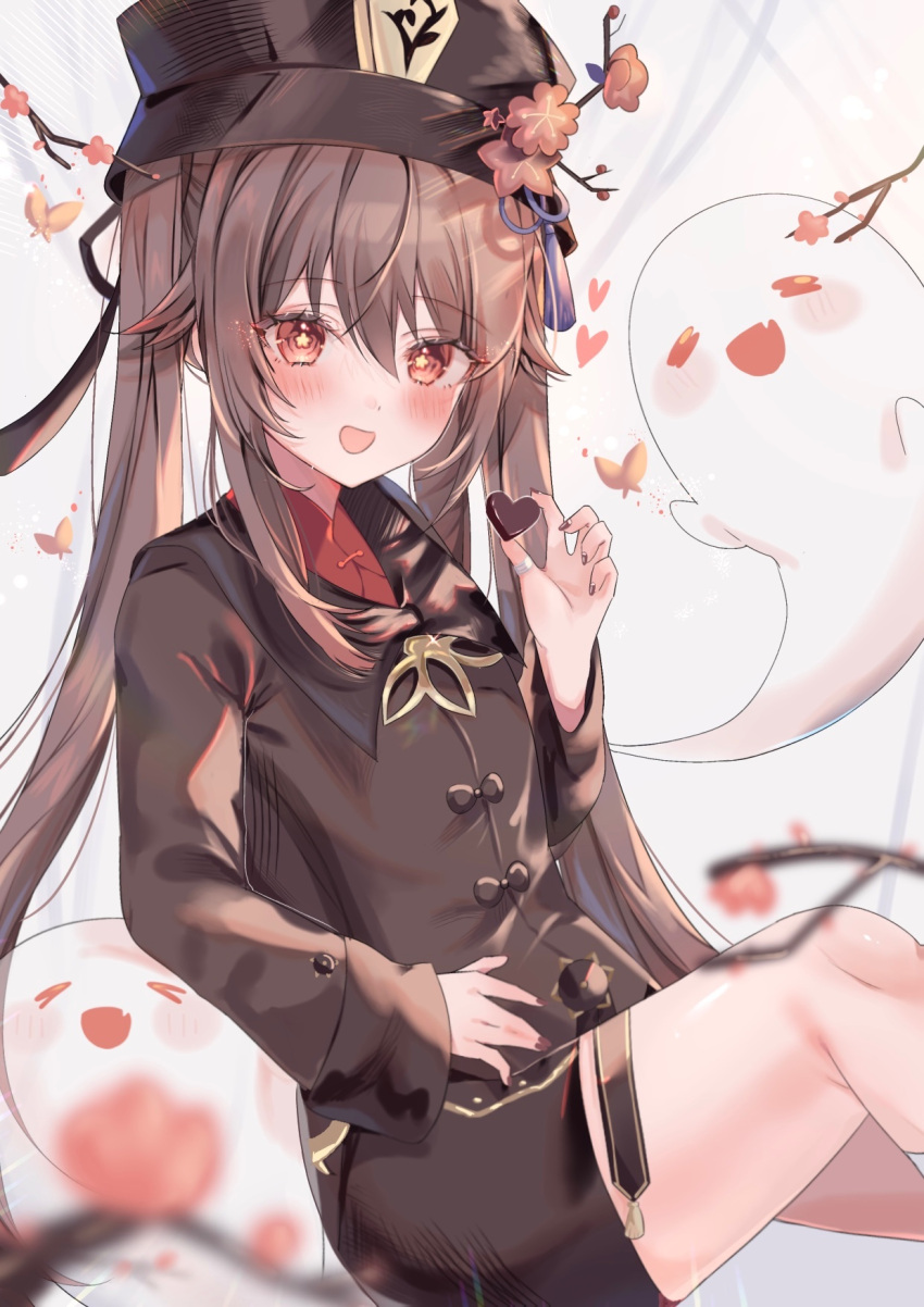 1girl black_nails blurry blush boo_tao_(genshin_impact) brown_hair candy chocolate depth_of_field flat_chest flower flower-shaped_pupils food genshin_impact hat hat_flower heart heart-shaped_chocolate highres hu_tao_(genshin_impact) long_hair long_sleeves open_mouth plum_blossoms porkpie_hat red_eyes rim_(ririm711) smile solo symbol-shaped_pupils twintails