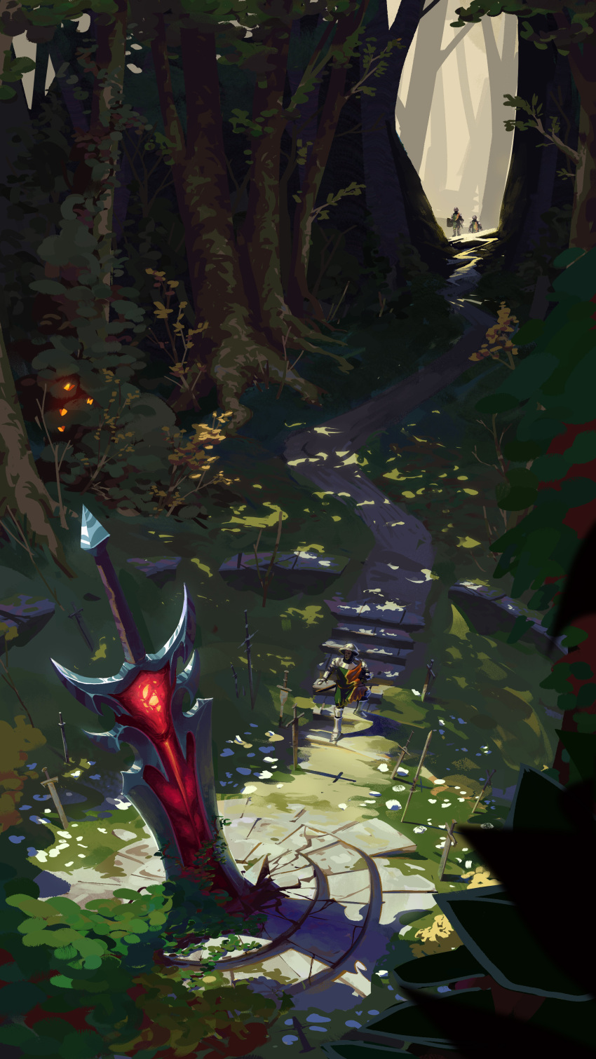 1other 3boys aatrox absurdres armor bug butterfly crack day elden_ring english_commentary forest gauntlets grass greaves helmet highres huge_weapon kwoin league_of_legends multiple_boys nature path planted planted_sword soldier sword tree weapon yellow_butterfly