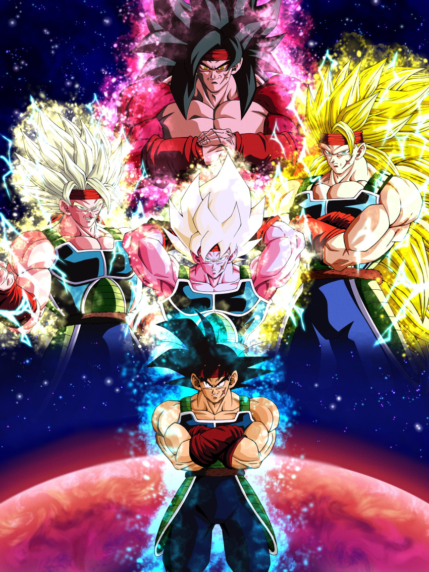 1boy abs absurdres armor aura bardock biceps black_eyes black_hair blonde_hair blue_eyes body_fur closed_mouth dragon_ball dragon_ball_heroes dragon_ball_z frown highres hiro_(udkod1ezlyi2flo) looking_at_viewer male_focus monkey_boy monkey_tail multiple_boys multiple_persona muscular muscular_male no_nipples pectorals pink_fur red_fur saiyan serious smile solo spiky_hair super_full_power_saiyan_4_limit_breaker super_saiyan super_saiyan_1 super_saiyan_2 super_saiyan_3 super_saiyan_4 tail time_patrol_(dragon_ball)