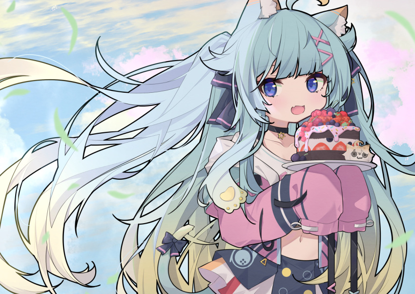 1girl :d ahoge animal_ear_fluff animal_ears aqua_hair blue_eyes blue_sky bow cake cat_ears cat_girl cat_tail choker clouds cloudy_sky cp2980606 day fang food grass hair_flaps highres indie_virtual_youtuber lanmewko long_hair long_sleeves looking_at_viewer navel outdoors skin_fang sky sleeves_past_fingers sleeves_past_wrists smile solo stomach tail tail_bow tail_ornament very_long_hair virtual_youtuber
