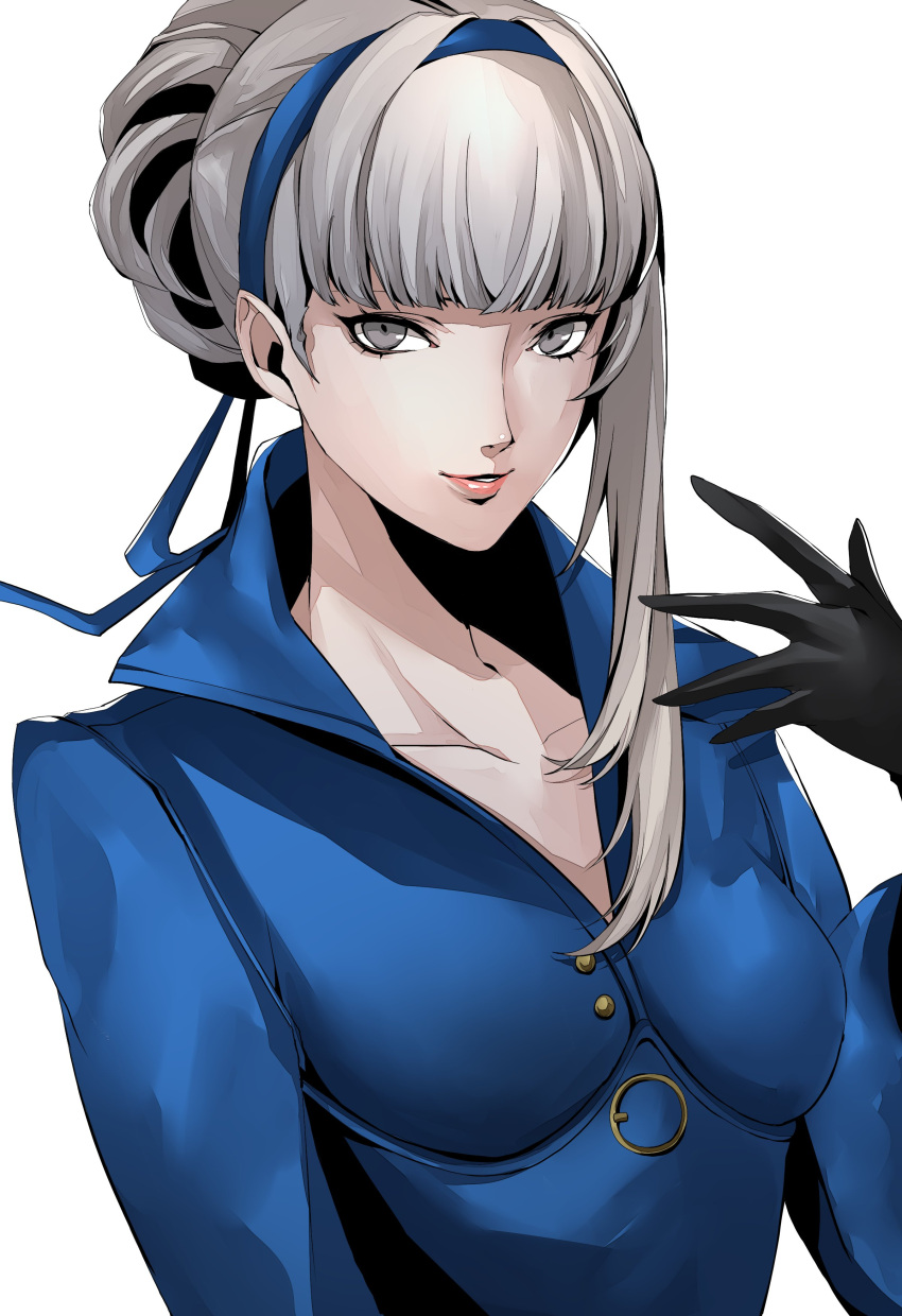 1girl absurdres black_gloves blue_dress blue_hairband blue_ribbon blunt_bangs breasts collarbone dress gloves grey_eyes grey_hair grin hair_ribbon hairband highres lips long_sleeves looking_at_viewer medium_breasts merope_(p5x) parted_lips persona persona_5 persona_5:_the_phantom_x pertex_777 pink_lips ribbon simple_background single_sidelock smile solo white_background